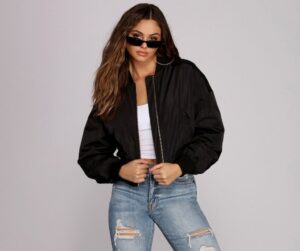 black bomber Jacket With a crop top 