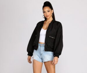 black bomber Jacket With danim shorts